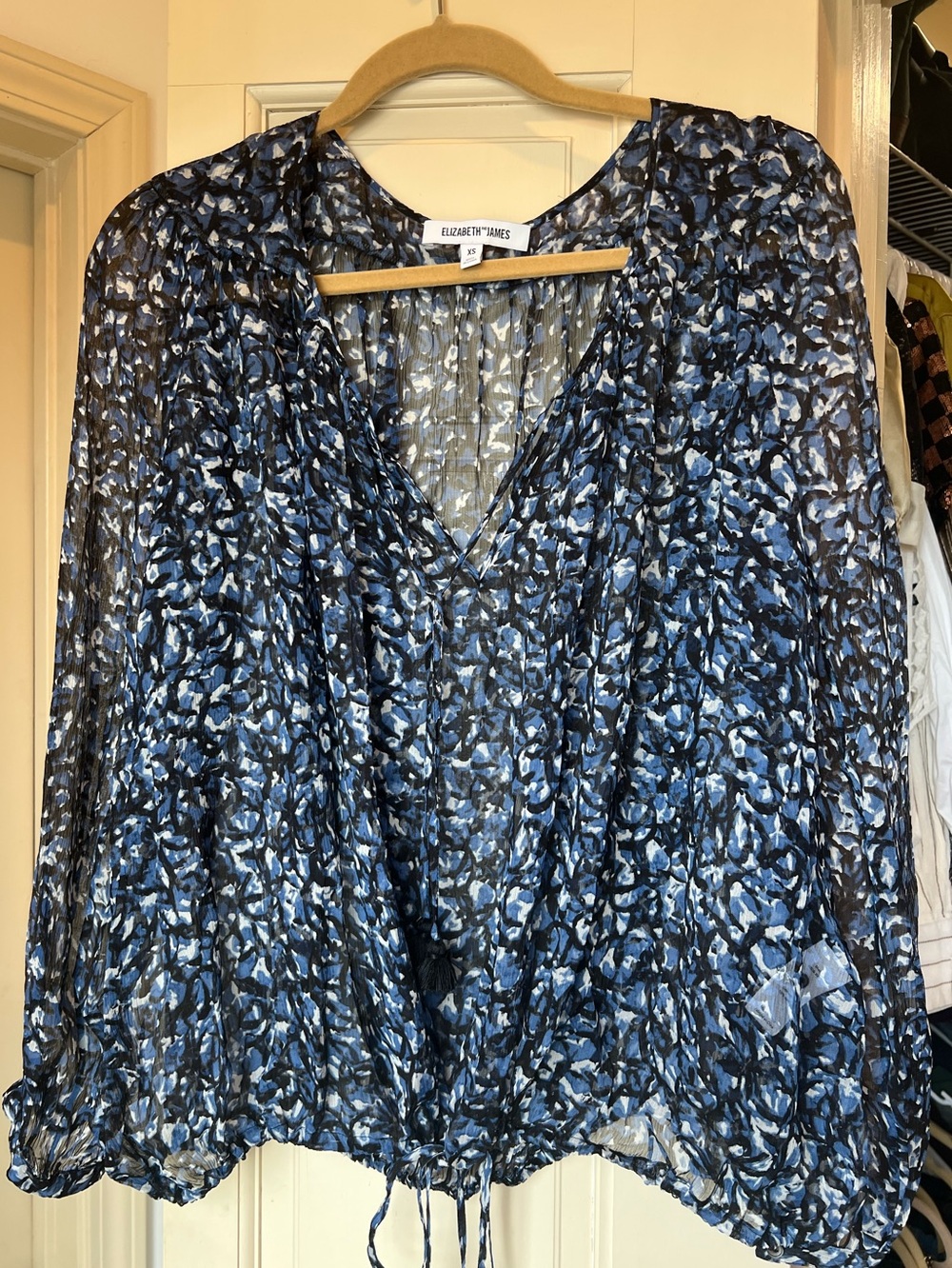 Elizabeth and James Blue Black Sheer Printed Top